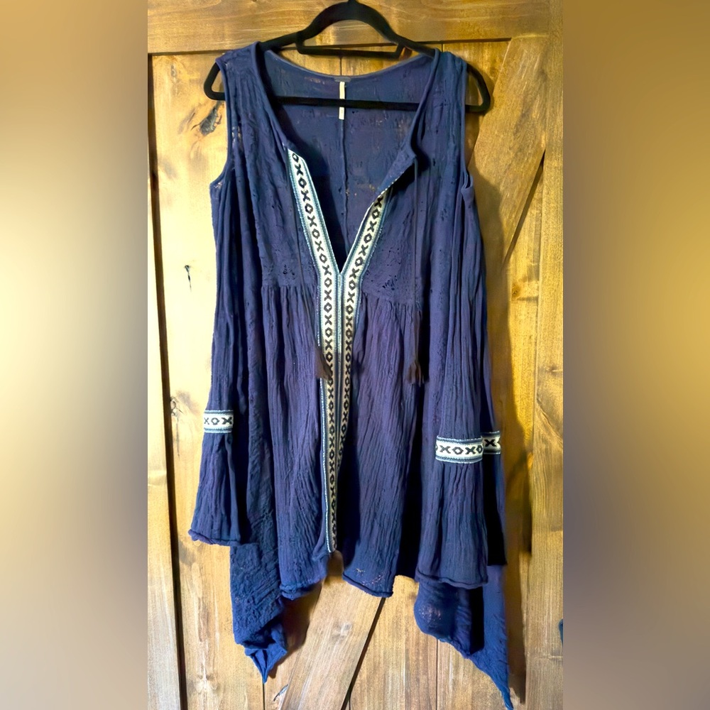 Free People Bohemian Navy Tunic with Cut-out Shoulders and Embroidered Trim